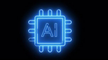 Merkezinde yapay zeka harfleri olan bir bilgisayar çipinin neon mavisi çizgisi.
