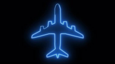 Mavi neon uçak ana hatları. Siyah arka planda gövdesi ve kuyruğu var.