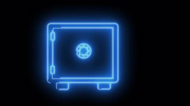 Neon güvenli kutu ana hatları kare kapı çevirme mavi parlaklığa karşı siyah