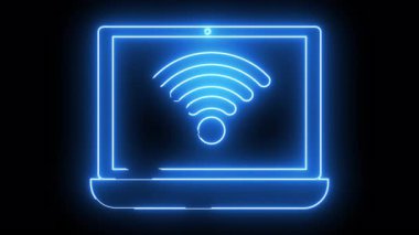 Koyu arkaplanda kablosuz internet sembolü olan parlak mavi neon dizüstü bilgisayar