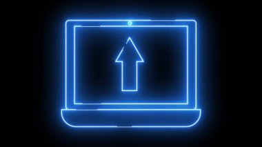 Parlak mavi neon dizüstü bilgisayar çizgisi ve içinde yukarı doğru bir ok var.