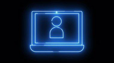 Ekranda siyah arkaplanda gösterilen bir kişi ana hatlı neon mavi dizüstü bilgisayar simgesi