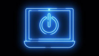 Ekranda bir güç sembolü bulunan parlak mavi neon bir dizüstü bilgisayar.