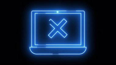 Ekranda siyah bir arkaplan karşısında X sembolü olan parlak neon mavisi bir dizüstü bilgisayar simgesi