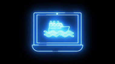 Mavi çizgili bir dizüstü bilgisayar ekranında dalgalar üzerinde seyreden bir gemiyi gösterir.