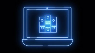 Siyah arkaplanda veri depolama gösteren mavi neon dizüstü bilgisayar