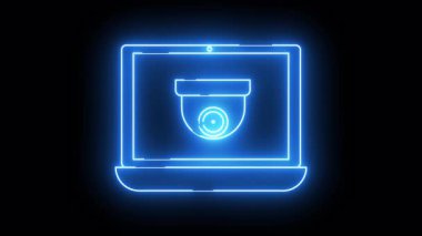 Siyah arkaplanda kamera olan mavi neon dizüstü bilgisayar simgesi