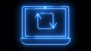 Mavi neon dizüstü bilgisayar ana hatları siyah bir arkaplanda bir döngü ok sembolü gösteriyor