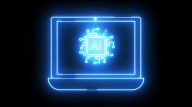 Mavi neon dizüstü bilgisayarda siyah bir arkaplanda yapay zeka çipi var.