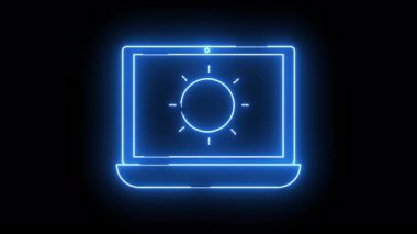 Siyah arkaplanda güneş ikonu olan mavi neon dizüstü bilgisayar ana hatları