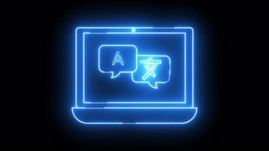 Mavi neon laptop silueti çeviri sohbet baloncukları Latin A ve Asyalı karakterleri gösterir