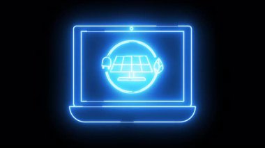 Bir dizüstü bilgisayarın mavi neonstyle grafiği dairesel bir okun içinde bir güneş panelini bir fiş ve yaprak ile gösteriyor