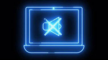 Üzerinde hoparlör simgesi olan bir dizüstü bilgisayarın mavi neonstyle taslağı siyah bir arkaplana karşı