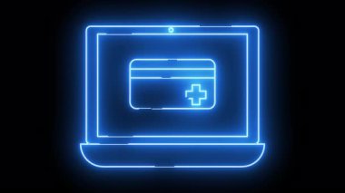 Parlak mavi neon dizüstü bilgisayar siyah arka planda tıbbi haç olan bir kredi kartı gösteriyor.