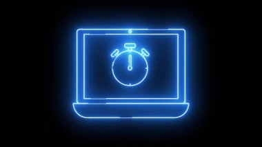 Siyah bir arkaplanda bir zaman simgesini gösteren bir dizüstü bilgisayarın parlak mavi çizgisi