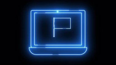 Koyu arkaplanda neon mavisi parlayan dizüstü bilgisayar ana hatları merkezde bir bayrak sembolü gösterir