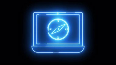 Neon mavi dizüstü bilgisayarda yön gösteren bir pusula gülü görüntüler