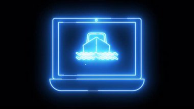 Neon mavisi dizüstü bilgisayar ekranında siyah bir arkaplan üzerinde bir gemi görülüyor