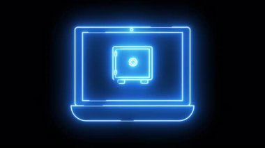 Siyah arka planda bir kasayı gösteren bir dizüstü bilgisayarın neon çizgisi