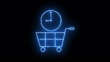 Mavi bir neon çizgisi siyah arka planda saatin altında bir alışveriş arabasını gösteriyor.