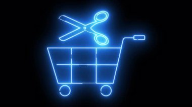 Siyah bir arka planda, üzerinde makas asılı neon mavisi bir alışveriş arabası.