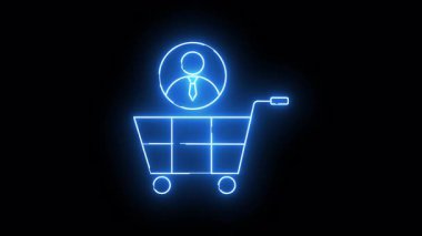Mavi neon tasarım kişi simgesi alışveriş arabasının içinde siyah fon