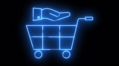 Parlak mavi alışveriş arabası ve siyah arka planda el çizgisi