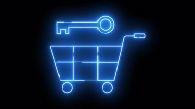 Işıldayan mavi neon çizgisi, alışveriş arabası ve anahtar.