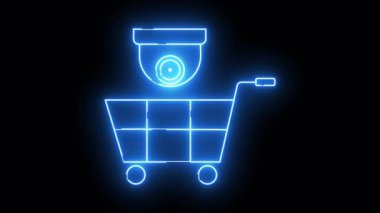 Üzerinde siyah bir arka plan olan mavi neon bir alışveriş arabası.