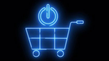 Üzerinde siyah bir fonda güç düğmesi olan bir alışveriş arabasının parlak mavi çizgisi.