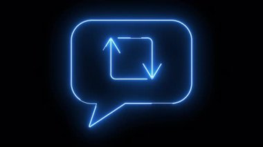 Bir yukarı ve aşağı ok içeren bir kare ile parlayan mavi neon konuşma balonu siyah bir arkaplan karşı ayarlanır