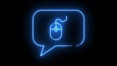 Bir neon mavi konuşma baloncuğu bir bilgisayar fare simgesi içerir. Hepsi koyu siyah bir arkaplana karşı parlak mavi ile özetlenmiştir.
