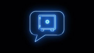 Parlak mavi neon arka planla özetlenmiş bir sohbet balonunun içinde bir kasa duruyor.