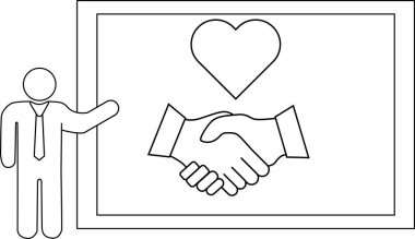 Sunum, bir el sıkışma ve kalp sembolü içeren bir tahtaya işaret eden bir figür