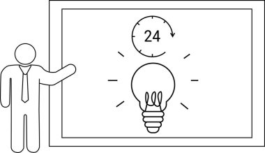 Illustration depicts a man presenting a whiteboard displaying a lightbulb with 24hour service icon