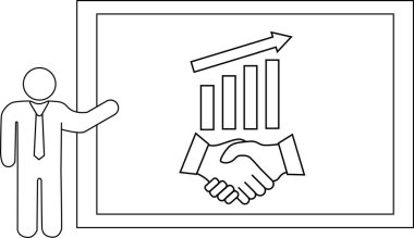 Bir kişinin yanında grafik yukarı ok ve el sıkışma sembolü olan bir sunum