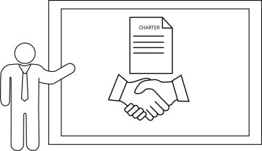 Bir kişi çerçeveli bir ekranda el sıkışmanın üzerindeki bir belgeye doğru hareket eder