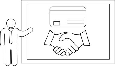 Çizgi çizimi, beyaz tahtayı kredi kartı tokalaşmasıyla sunan bir figür gösterir