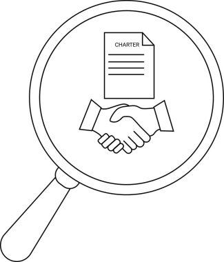 Outlined magnifying glass focuses on a tax form and a handshake