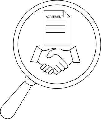 Outlined magnifying glass focuses on a tax form and a handshake