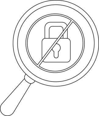 A magnifying glass showing a padlock with a line through it