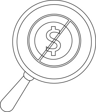 A magnifying glass focuses on a circle with a dollar sign and a line through it