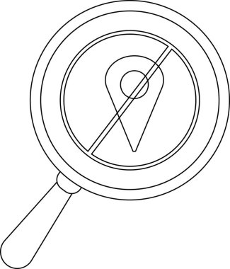 A magnifying glass containing a location marker with a diagonal line through it