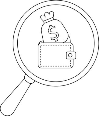 Magnifying glass focuses on a wallet with a money bag symbol in a simple line drawing