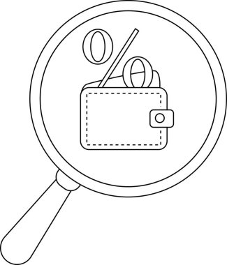 A magnifying glass focuses on a wallet topped with percentage symbols