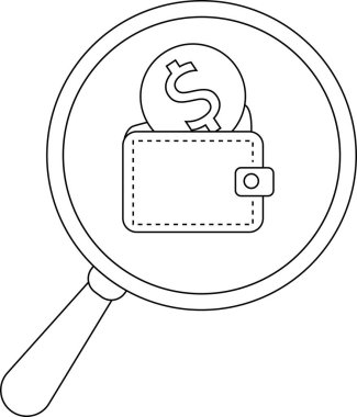 A magnifying glass focuses on a wallet with a dollar coin above it creating a financial search concept