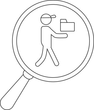 Magnifying glass showing figure with cap holding file folder black white design