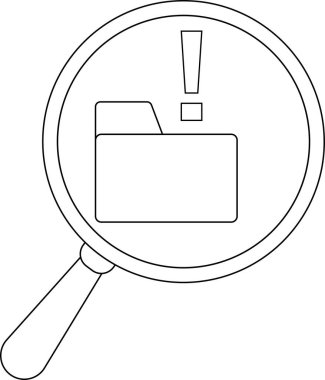Magnifying glass over a folder with an exclamation point above it