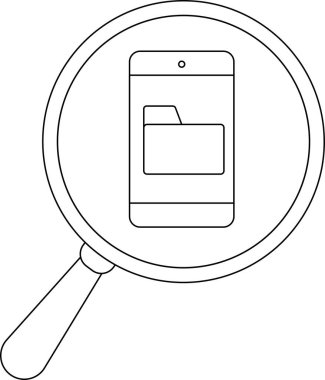 A magnifying glass highlights a smartphone with a file folder icon on its screen