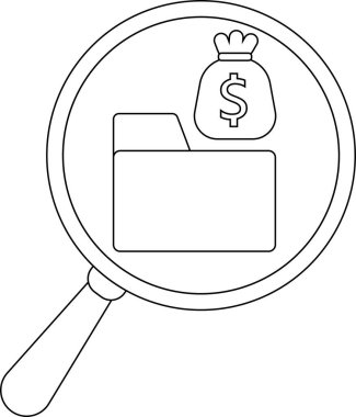 A magnifying glass focuses on a file folder beside a money bag with a dollar sign